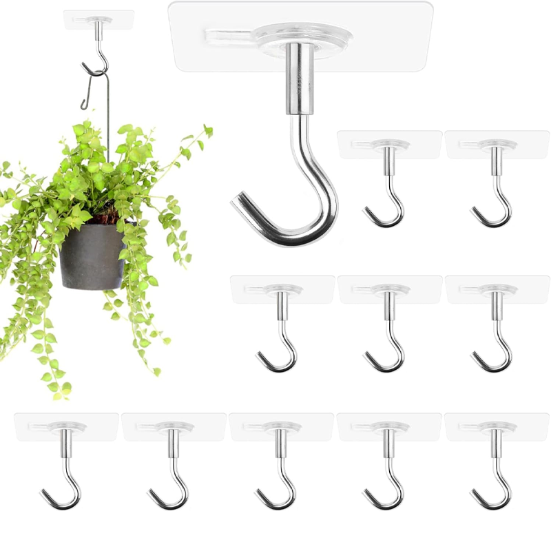 12 Pcs Adhesive Ceiling Hooks No Drilling Ceiling Hooks Outdoor Adhesive Hooks for Hanging Small Plants Wind Chimes Lanterns, Easy to Hang