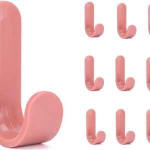10 plastic J-shaped reusable pink adhesive utility hooks.
