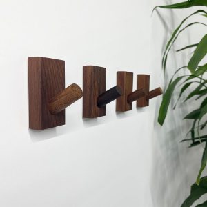 4 black walnut adhesive coat hooks, heavy-duty.