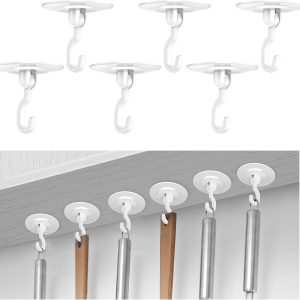 6 white damage-free self-stick hooks for lights/bags.