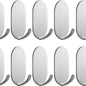 10 silver stainless steel heavy-duty adhesive utility hooks.