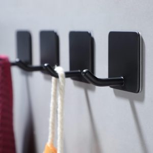 4 matte black stainless steel adhesive towel hooks.