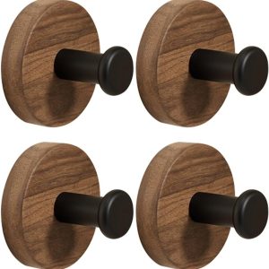 4 walnut wood adhesive heavy-duty towel/coat hooks.