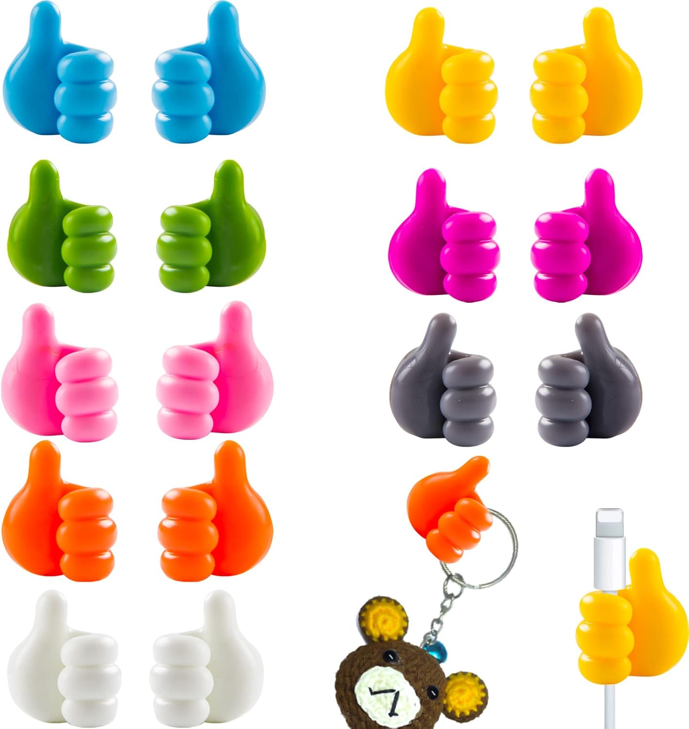 16 silicone thumbs-up wall hooks for cables/keys.