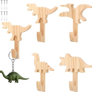 4 dinosaur wooden clothing hooks for children's rooms.