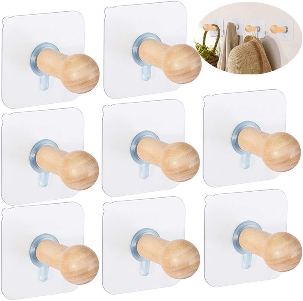 8 wooden adhesive hat hooks, 8lb capacity.