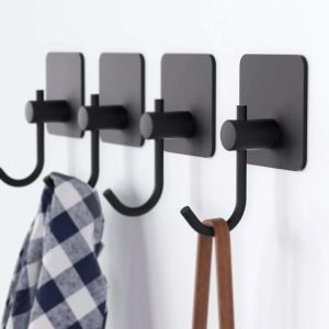 4 black self-adhesive waterproof stainless steel towel hooks.