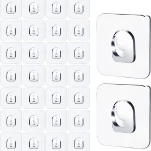 30 clear wall hooks, 15lb, drill-free no-mark.