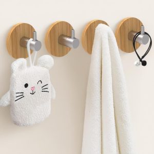 4 bamboo wood adhesive hooks with silver hooks.