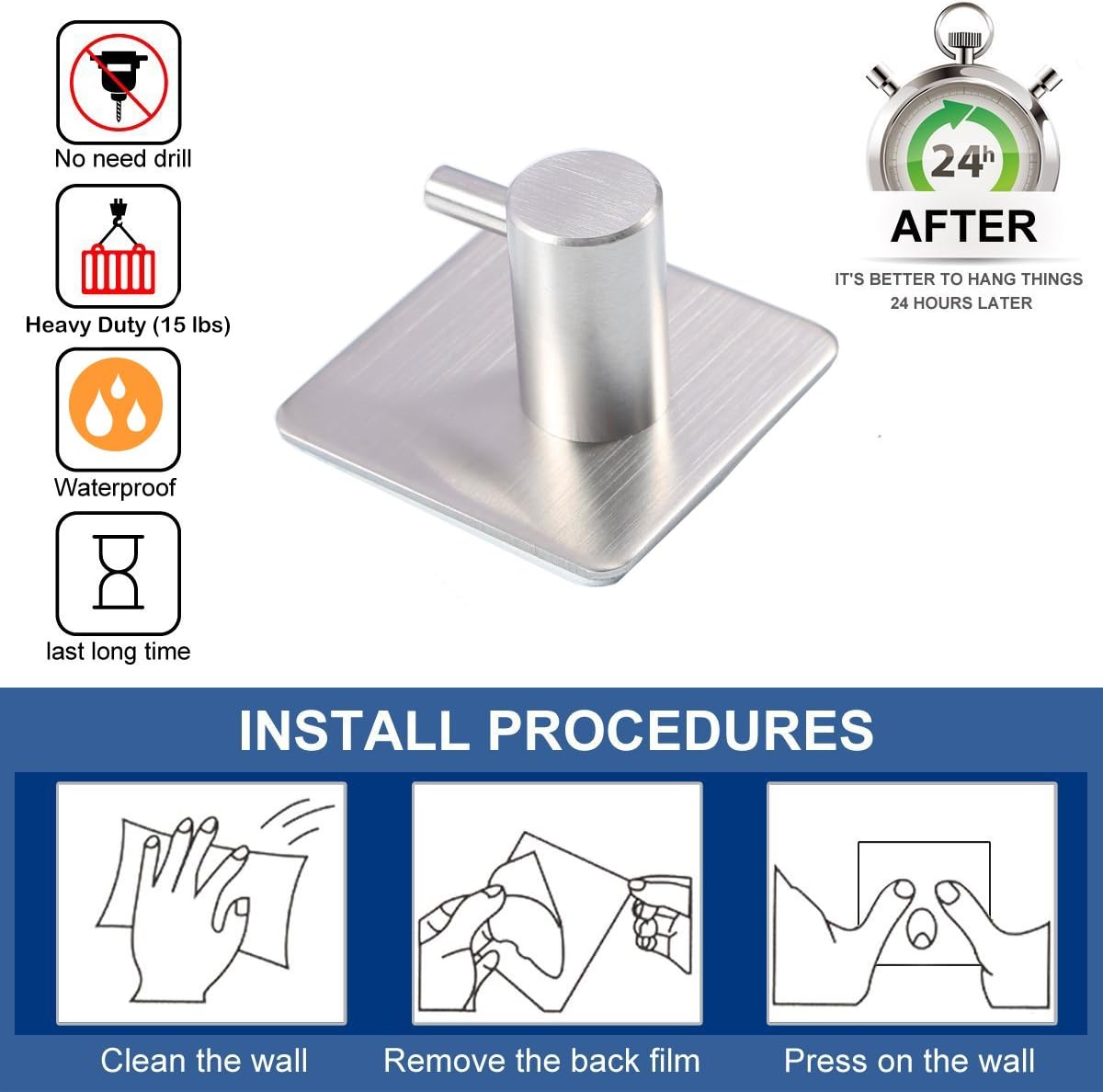 4 stainless steel waterproof heavy-duty coat/towel hooks. - Image 2