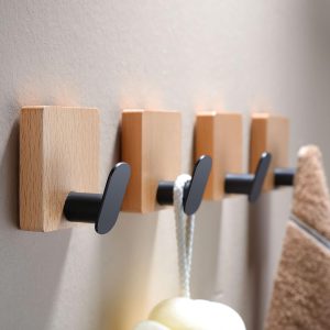 4 light brown/black solid beech adhesive towel hooks.