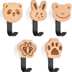 Wooden decorative heavy-duty adhesive wall hooks for coats/hats.