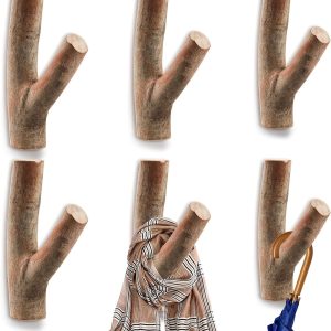 6 tree branch real wood adhesive farmhouse hooks for towels.