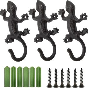 3 cast iron gecko wall-mounted coat/key hooks.