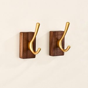 2 walnut wood double hooks, adhesive or screw mount.