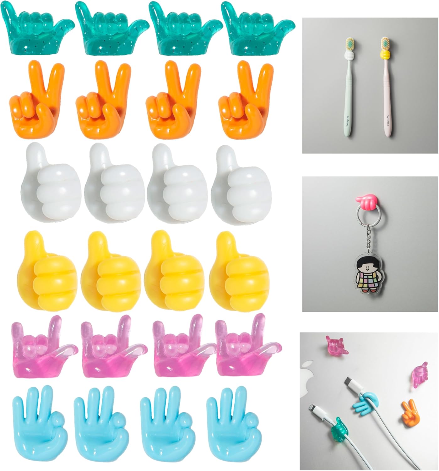 24 colorful self-adhesive silicone thumb hooks for cables.