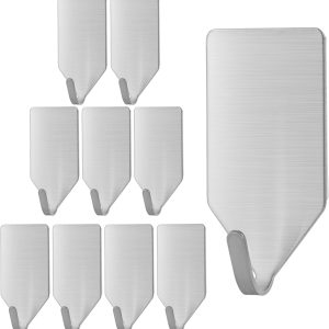 10 small stainless steel adhesive hooks for towels.