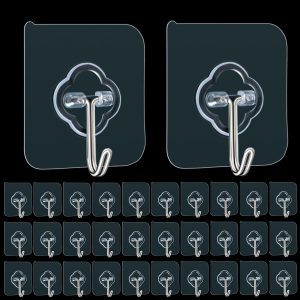32 transparent removable adhesive hooks, 33lb max.