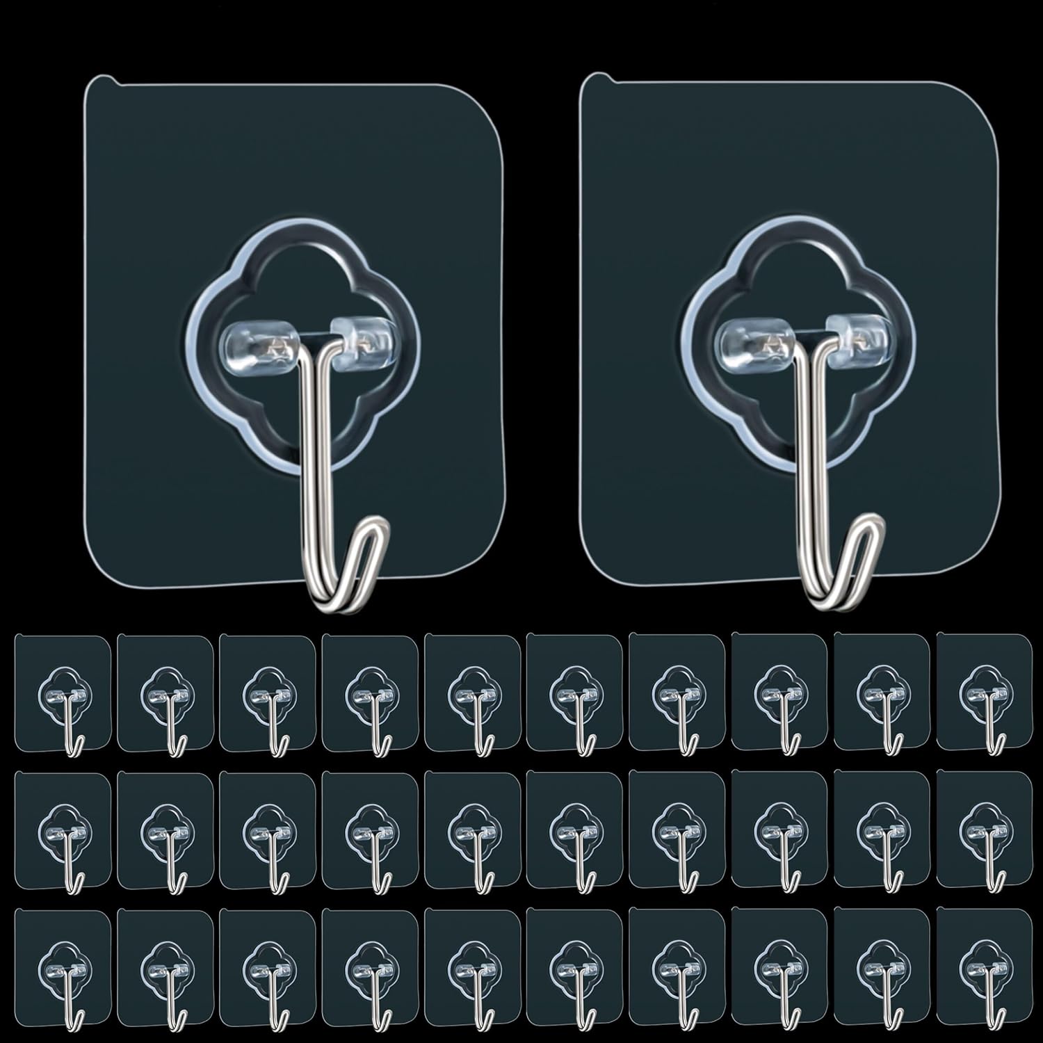 32 transparent removable adhesive hooks, 33lb max.