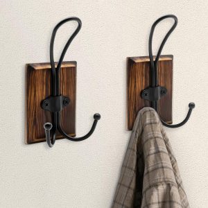 2-pack pine wood hooks, adhesive or wall-mounted, rustic.